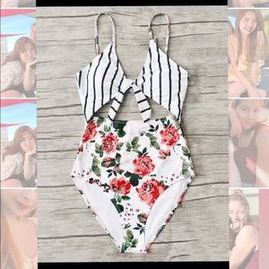💗 FLORAL AND STRIPED TIE FRONT ONE PIECE 💗